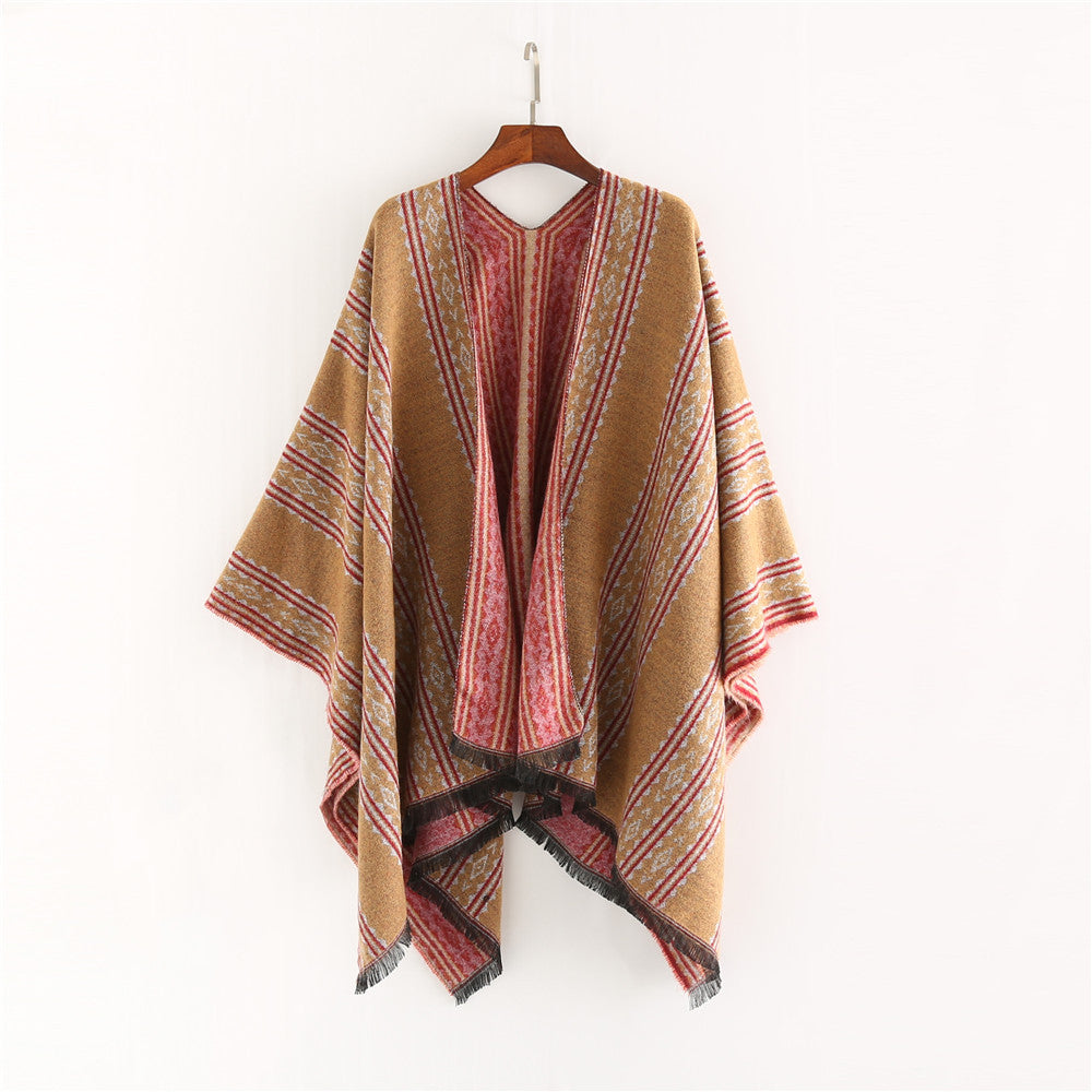 Damen Jacquard‑Ruana‑Poncho mit Fransen und offenem Oversize‑Fall Echo Archiv