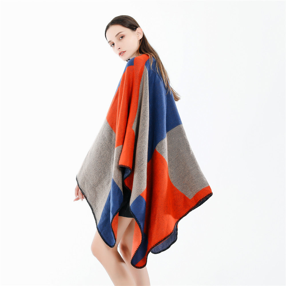 Damen Oversize-Strickruana mit geometrischem Colorblock, offener Front und Zierstichkante – Veloura