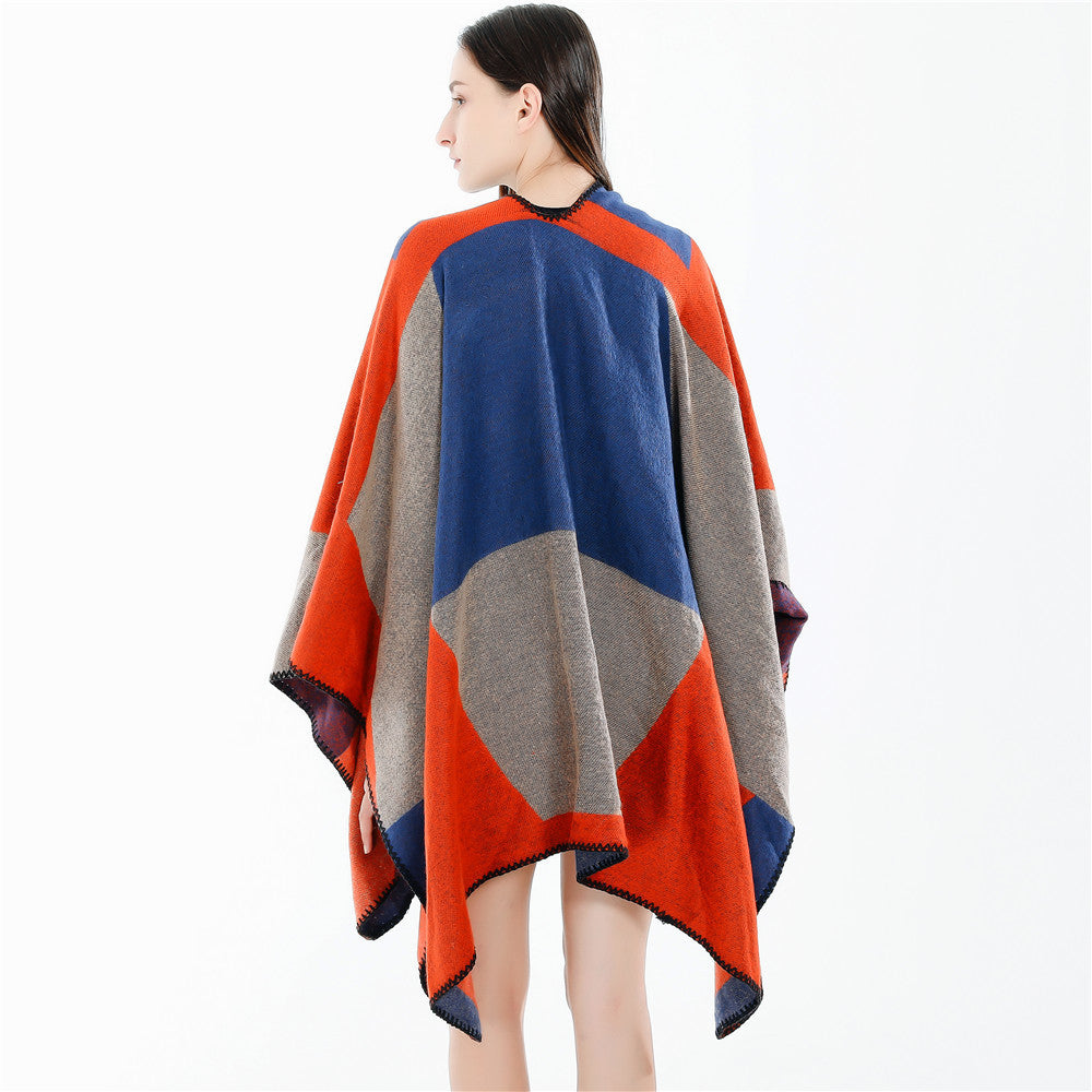 Damen Oversize-Strickruana mit geometrischem Colorblock, offener Front und Zierstichkante – Veloura