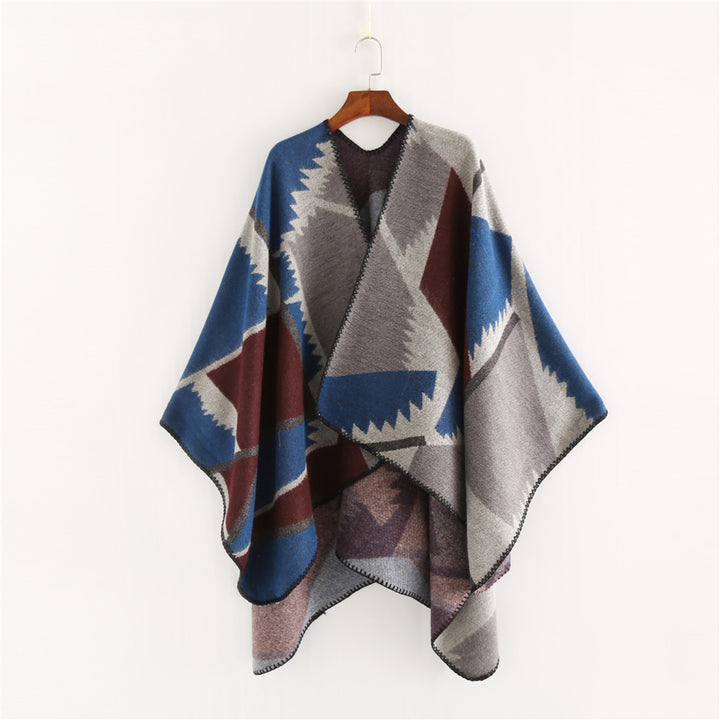 Damen Oversize-Geometrischer Jacquard-Poncho aus Wollmix Echo Archiv