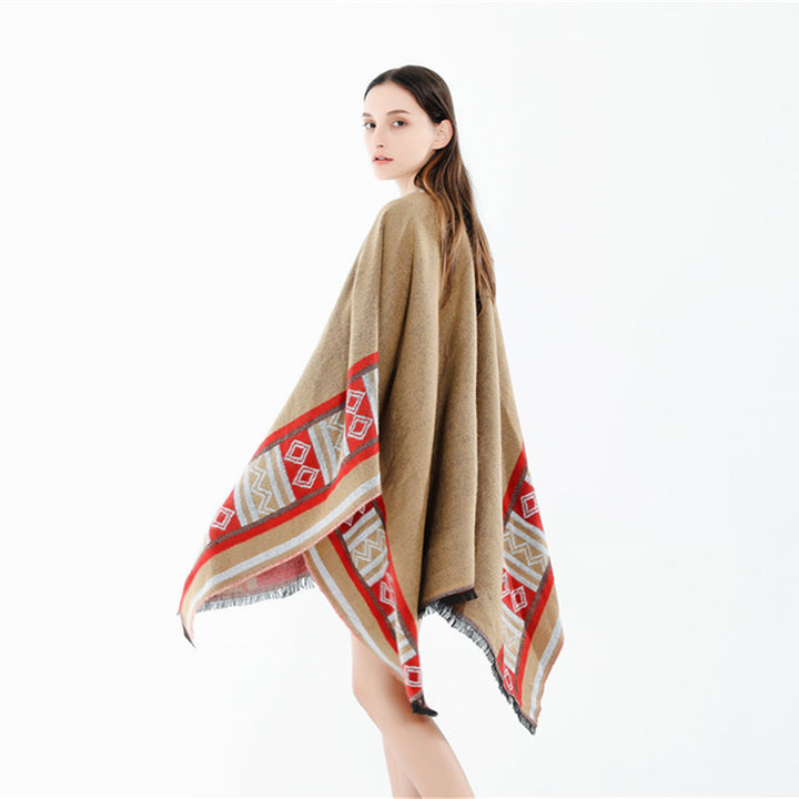 Damen Oversize-Ruana-Poncho im Boho-Ethno-Look aus Wollmix mit V-Ausschnitt und Fransensaum – Célinea