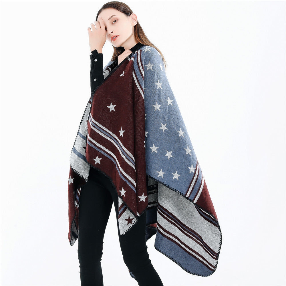 Damen Ruana-Überwurf mit Sternmotiv und zweifarbiger Jacquardkante – Célinea
