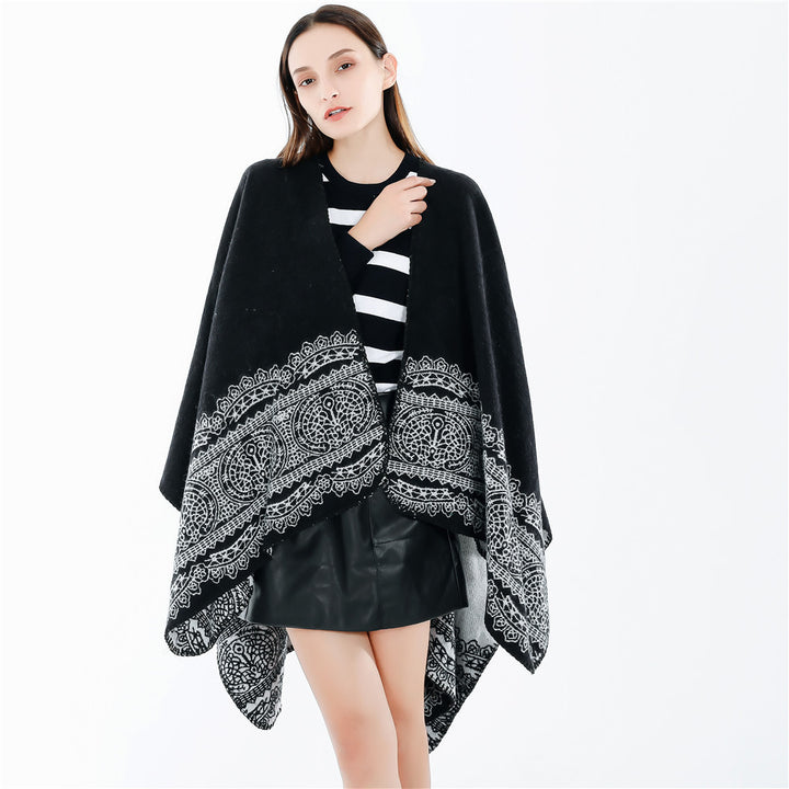 Damen Ornamental gemusterter Ruana‑Poncho mit offenem Kimono‑Fall Echo Archiv