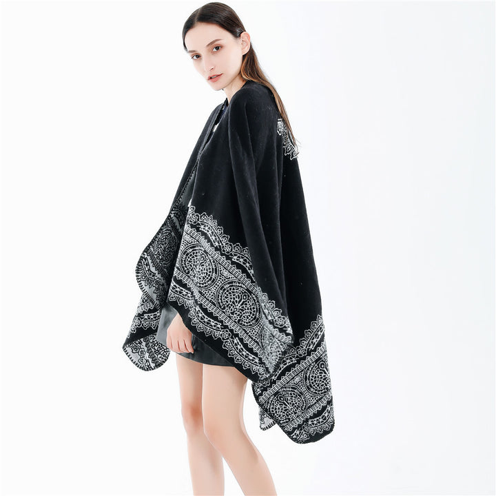 Damen Ornamental gemusterter Ruana‑Poncho mit offenem Kimono‑Fall Echo Archiv