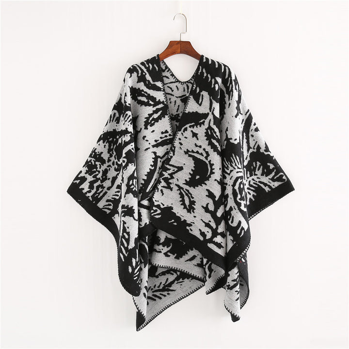 Damen Jacquard‑Ruana‑Überwurf mit floraler Webstruktur und dekorativer Kettelkante – Célinea
