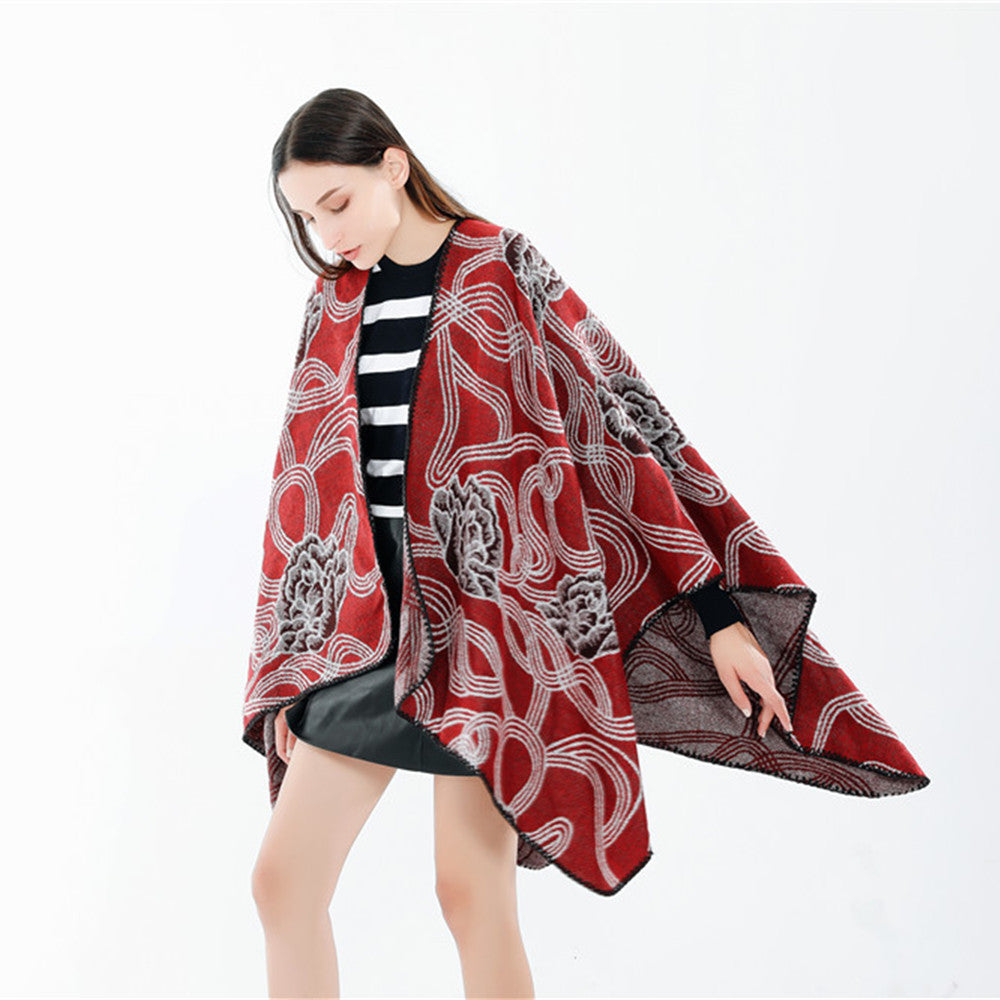 Damen Jacquard‑Ruana mit floralem Relief und kontrastierter Kettelnaht Echo Archiv