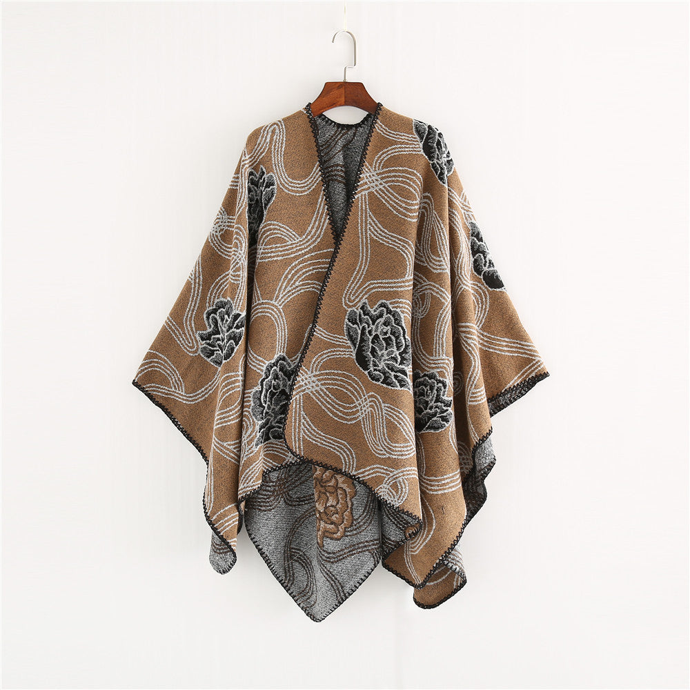 Damen Jacquard‑Ruana mit floralem Relief und kontrastierter Kettelnaht Echo Archiv