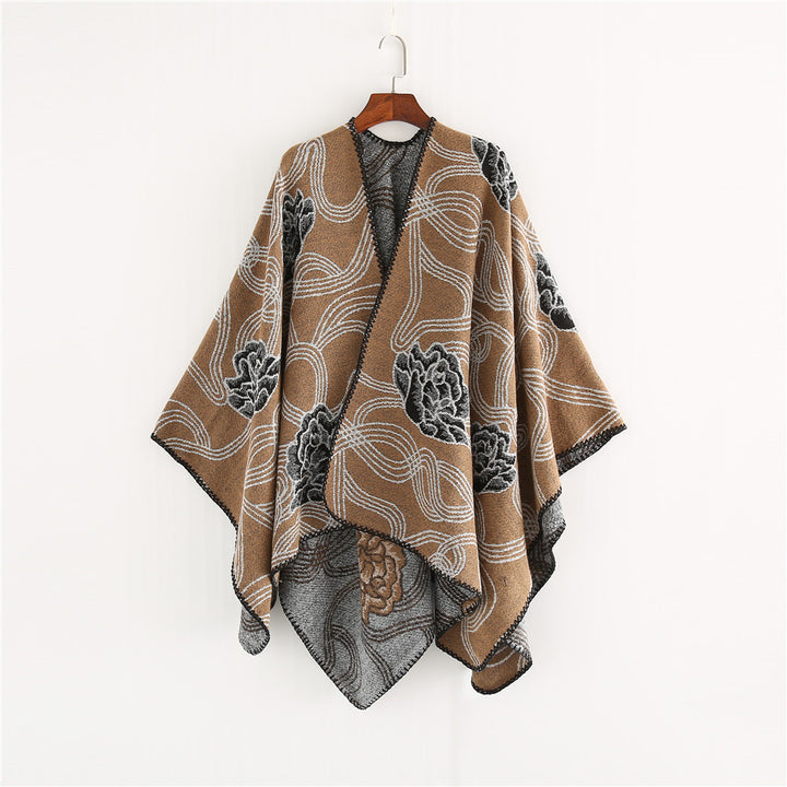 Damen Jacquard‑Ruana mit floralem Relief und kontrastierter Kettelnaht Echo Archiv