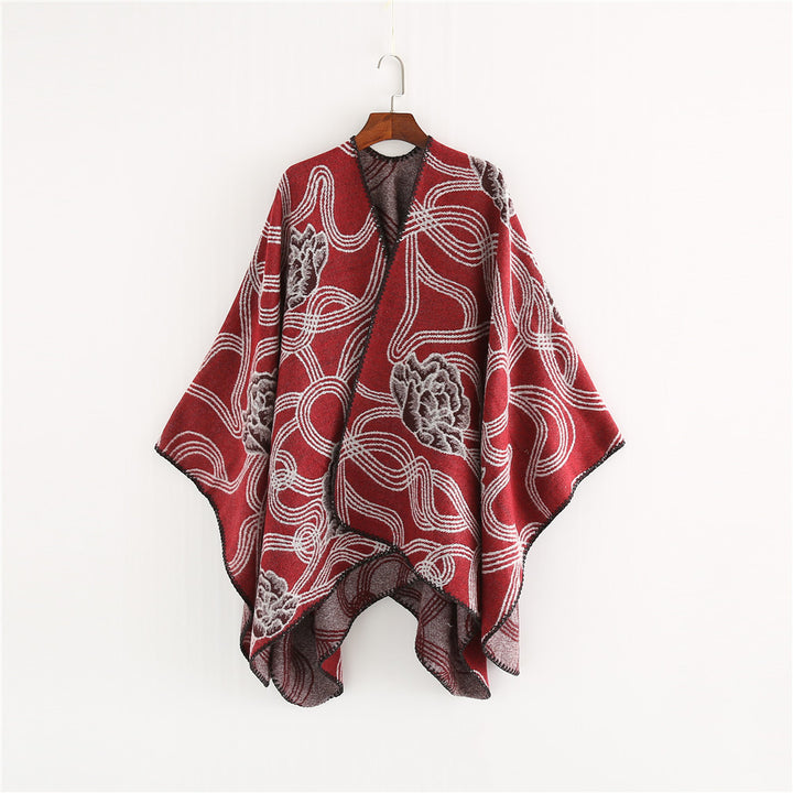 Damen Jacquard‑Ruana mit floralem Relief und kontrastierter Kettelnaht Echo Archiv