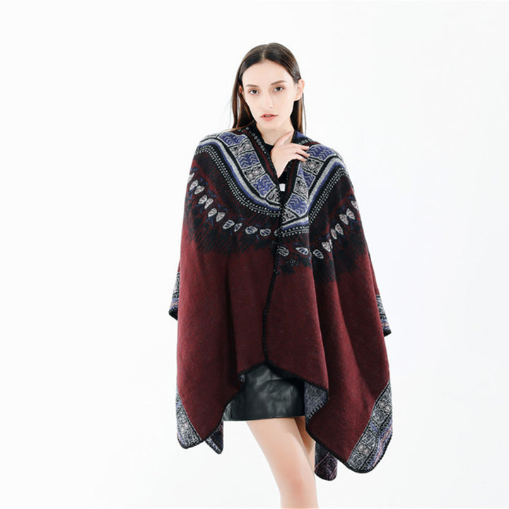 Damen Oversize-Ruana-Poncho im Ethno-Jacquard mit V-Ausschnitt und Bordürenkante – Célinea