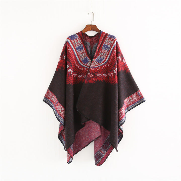 Damen Oversize-Ruana-Poncho im Ethno-Jacquard mit V-Ausschnitt und Bordürenkante – Célinea
