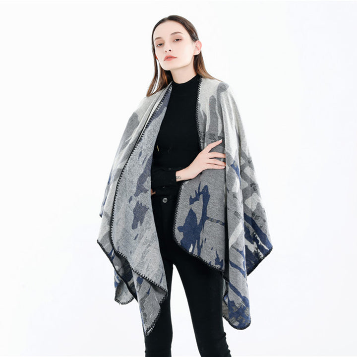 Damen Grobgewebter Kunstfaser-Ruana mit abstraktem Aquarellmuster und Zierkettensaum – Célinea