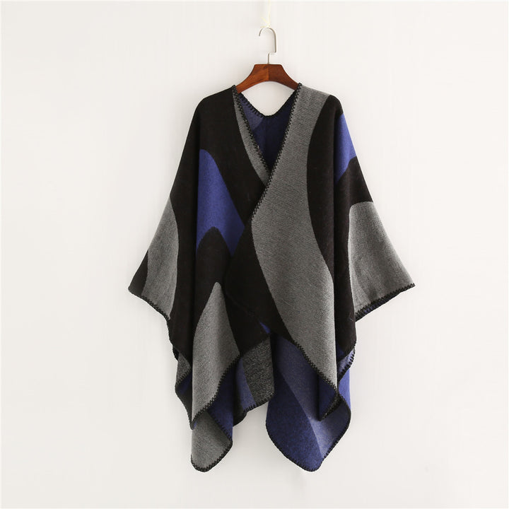 Damen Weichfallender Cape‑Überwurf im Oversize‑Ruana‑Stil mit kontrastierenden Rundflächen und Zierkettnaht – Célinea