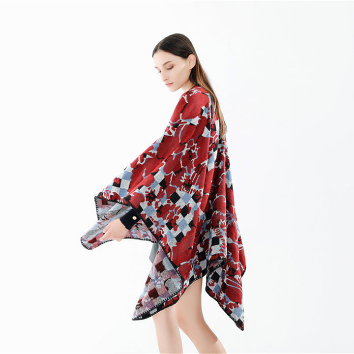 Damen Oversize-Ruana mit V-Ausschnitt und Jacquard-Karo-Floralmuster Echo Archiv