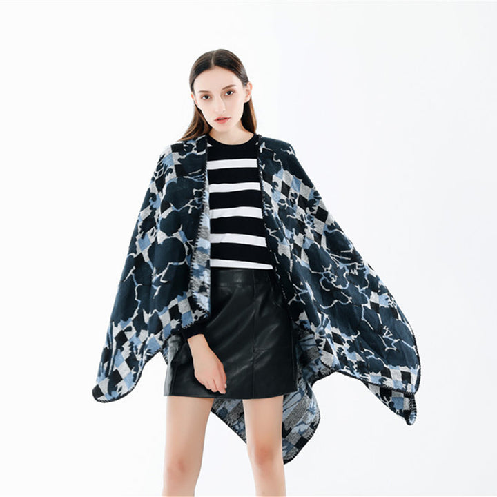 Damen Oversize-Ruana mit V-Ausschnitt und Jacquard-Karo-Floralmuster Echo Archiv