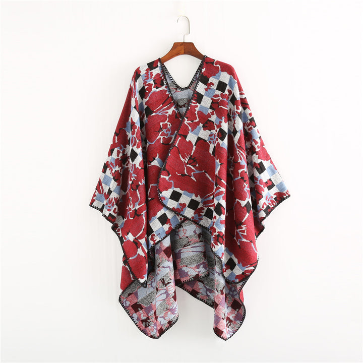 Damen Oversize-Ruana mit V-Ausschnitt und Jacquard-Karo-Floralmuster Echo Archiv