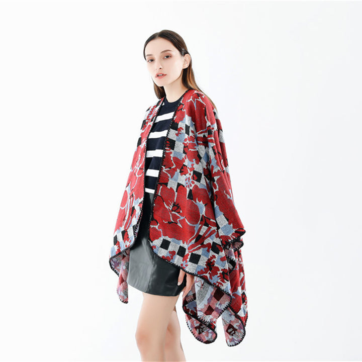 Damen Oversize-Ruana mit V-Ausschnitt und Jacquard-Karo-Floralmuster Echo Archiv