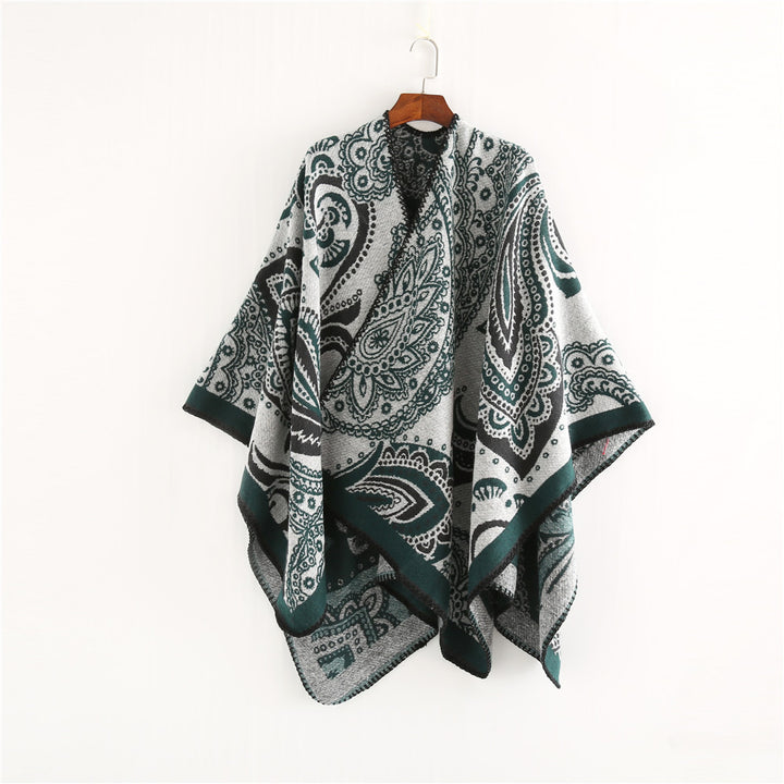 Damen Oversize-Ruana-Überwurf mit Paisley-Jacquard und Zierstichkante – Célinea