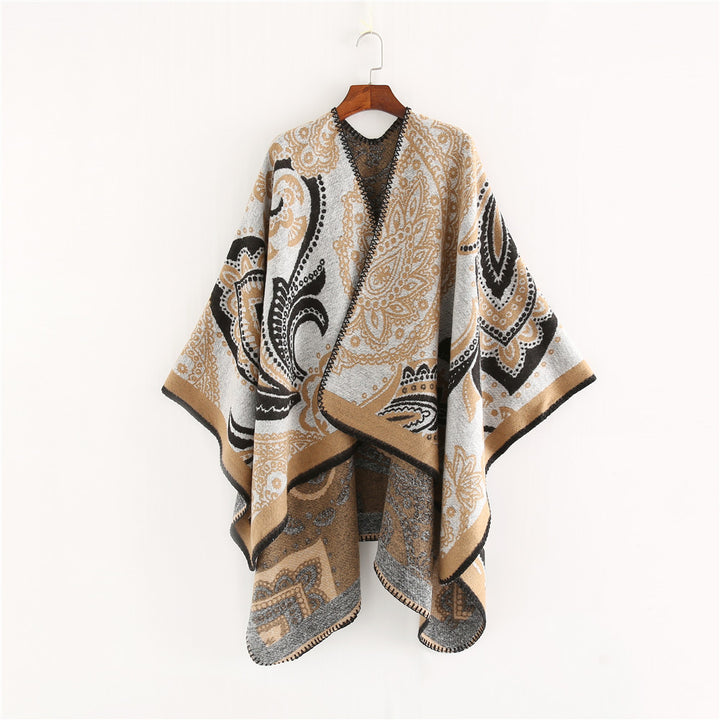 Damen Oversize-Ruana-Überwurf mit Paisley-Jacquard und Zierstichkante – Célinea