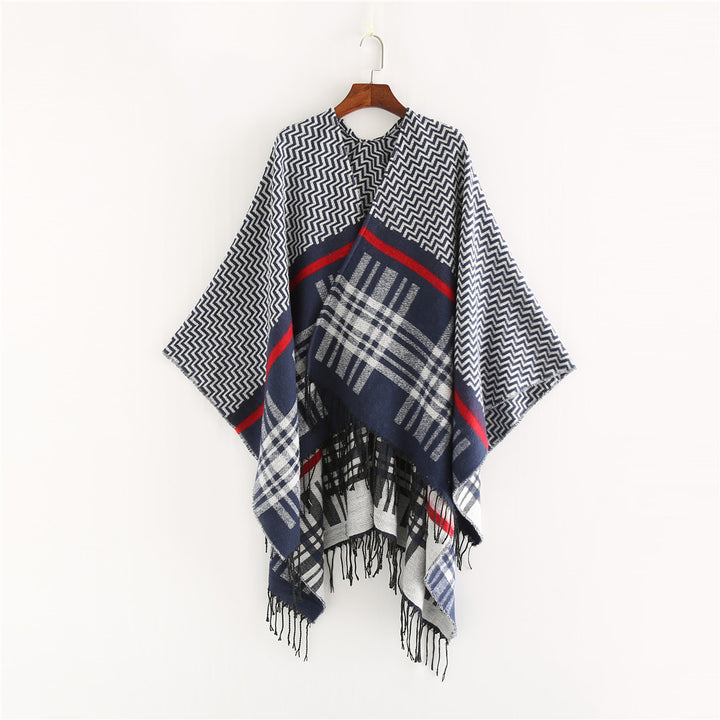 Damen Oversize-Umhangponcho aus Wollmix mit Karomuster, Zickzackjacquard und Fransensaum – Célinea