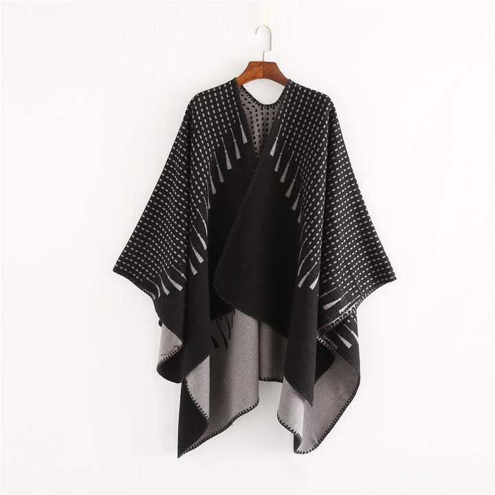 Damen Doppelter Wollmix-Umhang mit reversiblem Jacquard und kastiger Ruana-Silhouette – Montévia