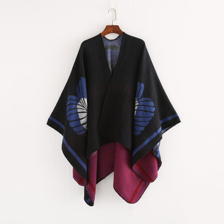Damen Jacquard-Ruana mit floralem Intarsienmuster und zweifarbiger Wendekante – Avérine