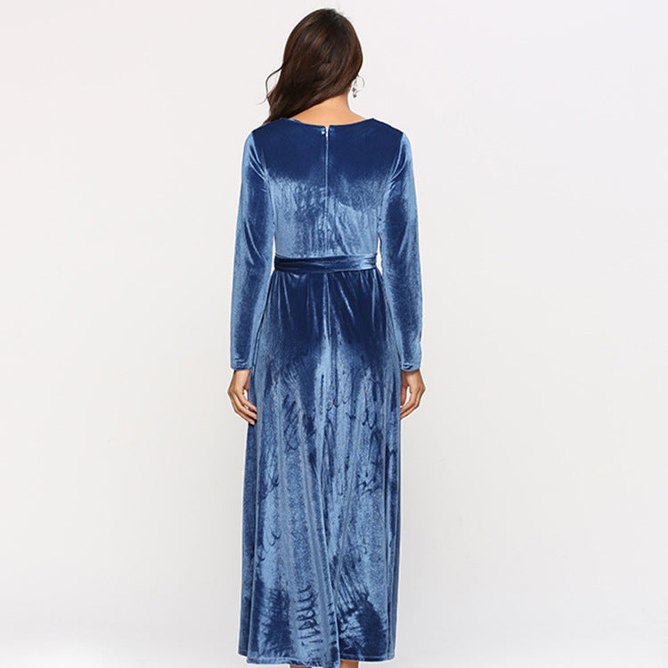 Damen Maxikleid aus Samt mit Taillengürtel und langem A‑Linien‑Rock Echoarchiv
