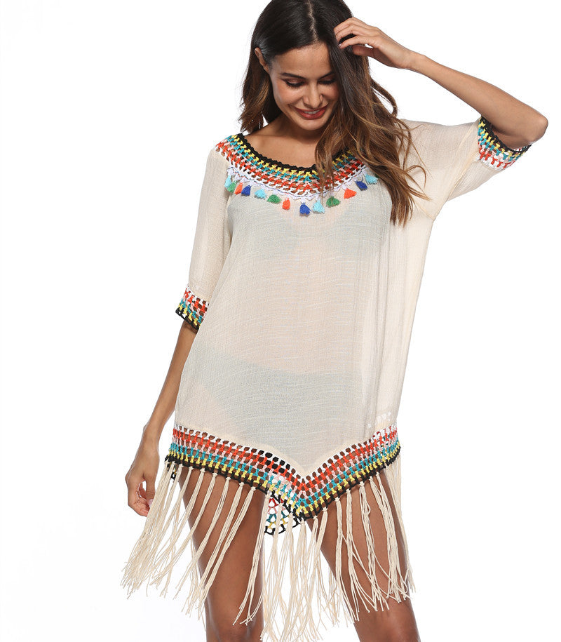 Damen Strandüberwurfkleid mit fransigem Saum und buntem Häkelmuster Echo Archiv