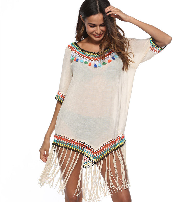 Damen Strandüberwurfkleid mit fransigem Saum und buntem Häkelmuster Echo Archiv