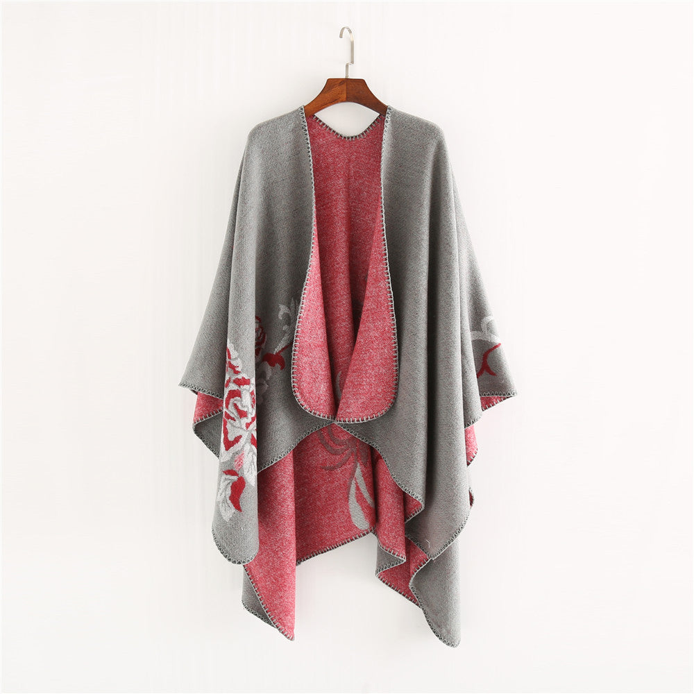 Damen Reversibler Capeponcho aus Wollmix mit floralem Jacquardfutter Echo Archiv