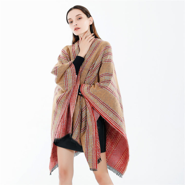 Damen Jacquard‑Ruana‑Poncho mit Fransen und offenem Oversize‑Fall Echo Archiv