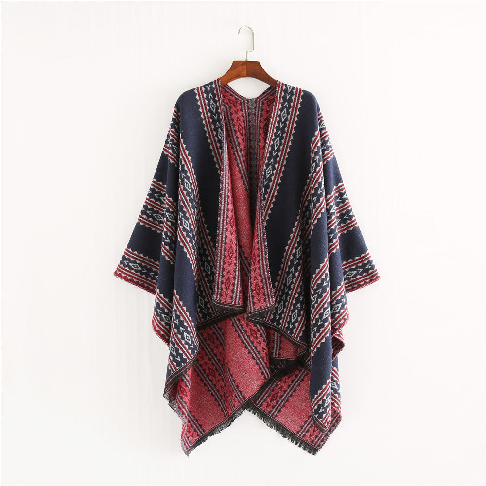Damen Jacquard‑Ruana‑Poncho mit Fransen und offenem Oversize‑Fall Echo Archiv