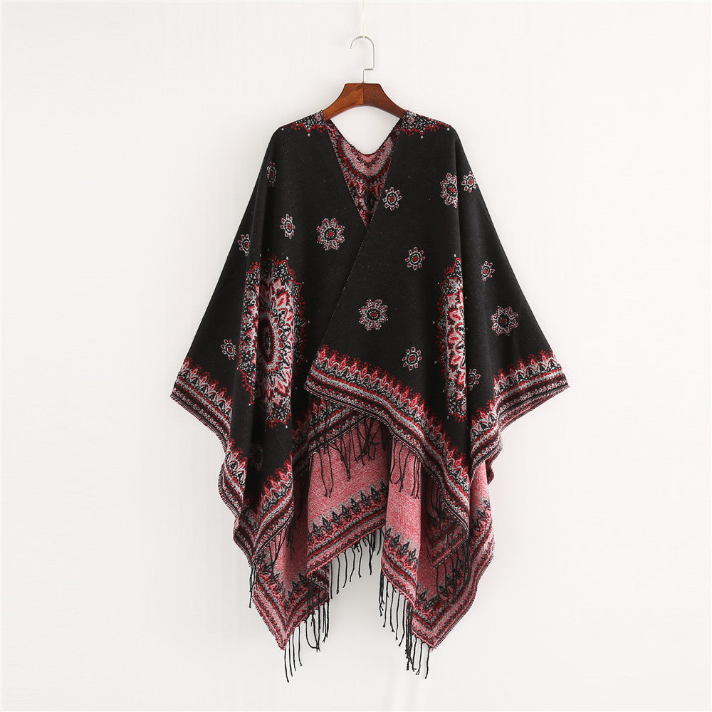 Damen Jacquard-Poncho im Oversize-Kimono-Fall mit Fransen Echo Archiv