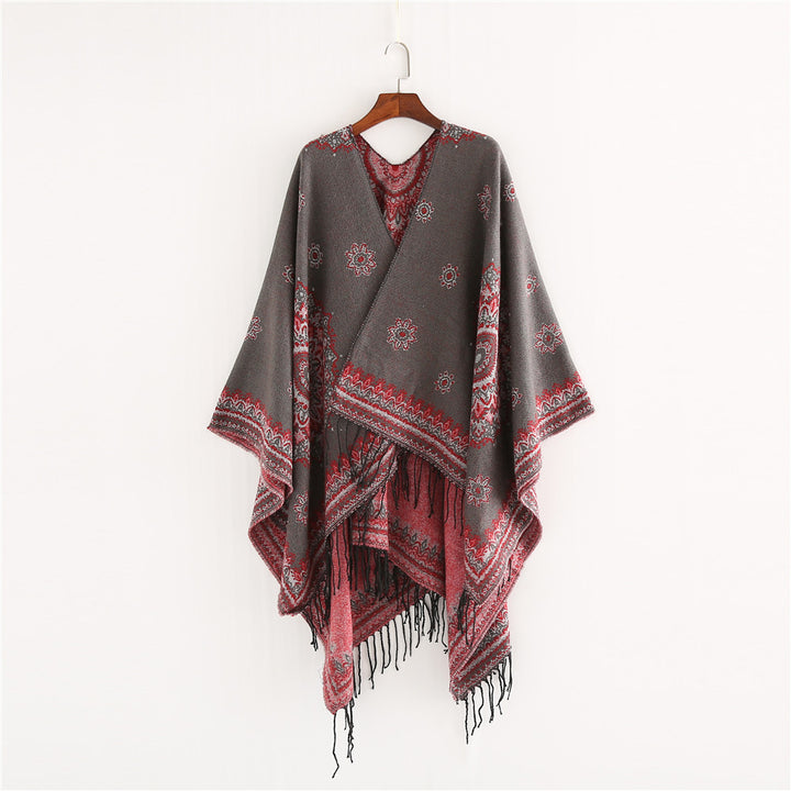 Damen Jacquard-Poncho im Oversize-Kimono-Fall mit Fransen Echo Archiv