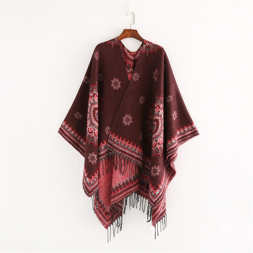 Damen Jacquard-Poncho im Oversize-Kimono-Fall mit Fransen Echo Archiv