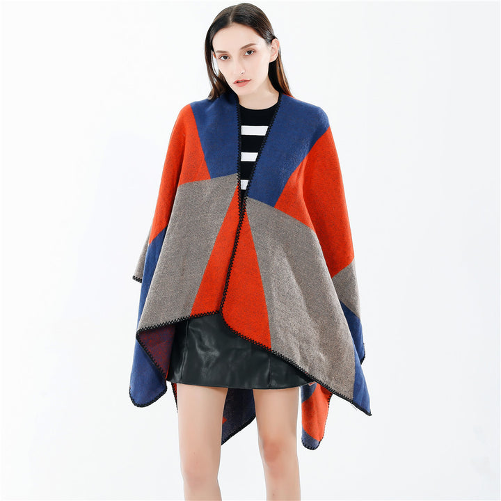 Damen Oversize-Strickruana mit geometrischem Colorblock, offener Front und Zierstichkante – Veloura