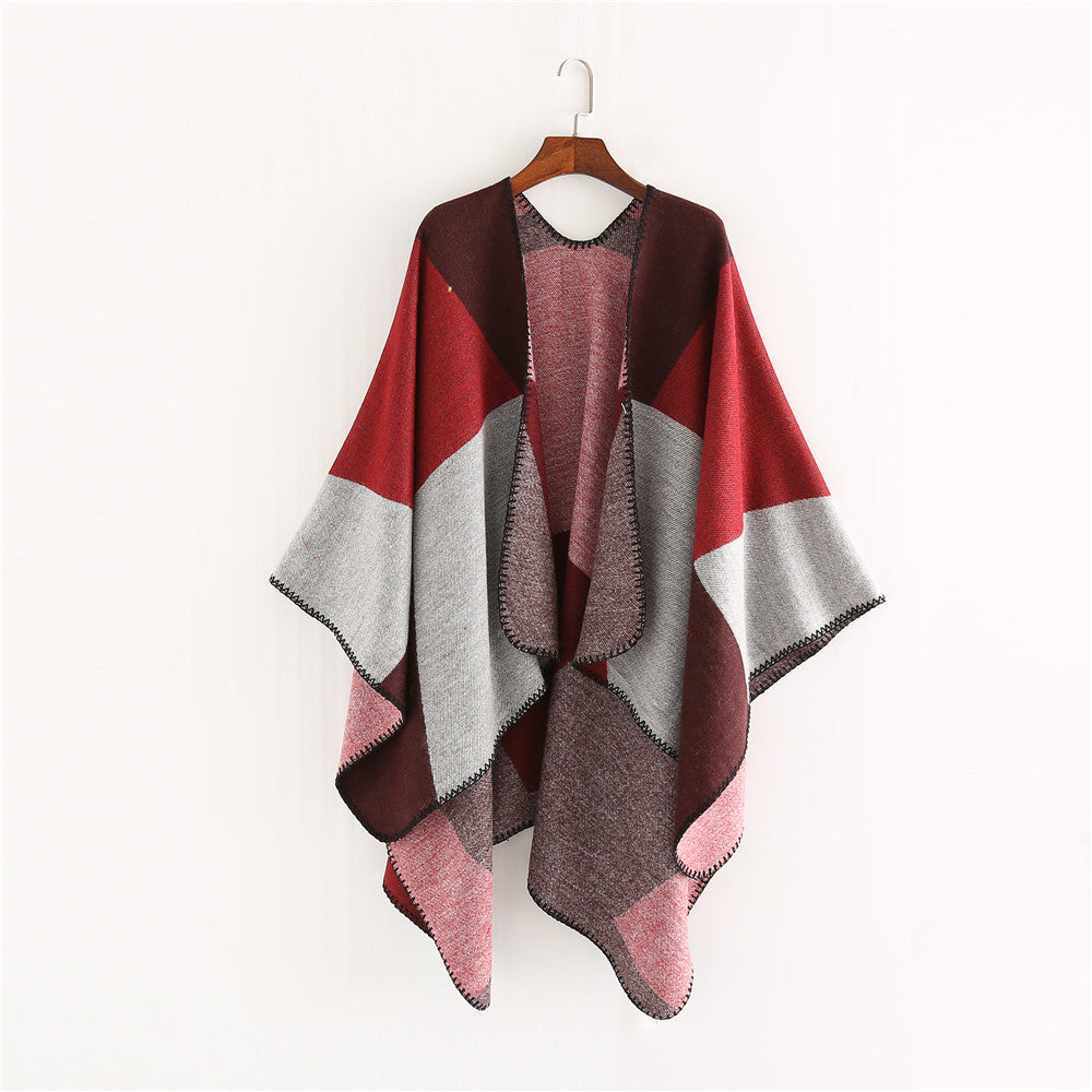 Damen Oversize-Strickruana mit geometrischem Colorblock, offener Front und Zierstichkante – Veloura