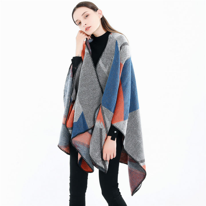 Damen Oversize-Geometrischer Jacquard-Poncho aus Wollmix Echo Archiv