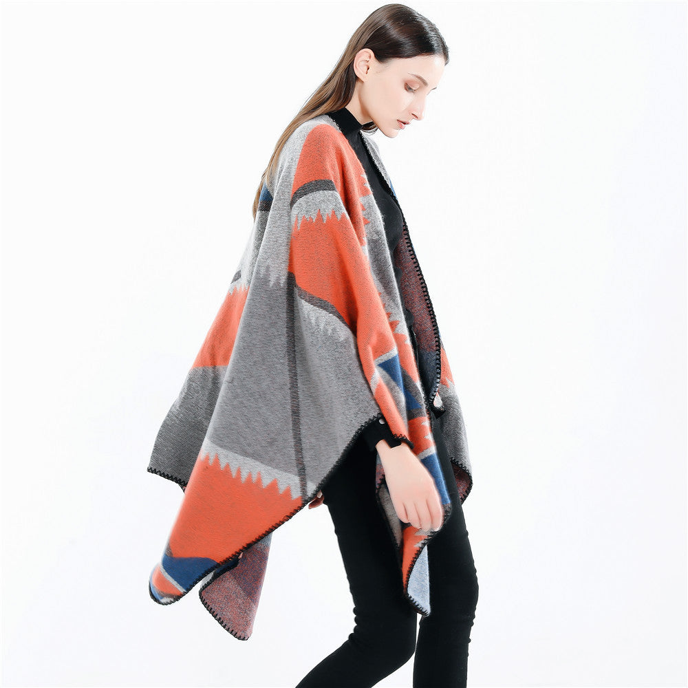 Damen Oversize-Geometrischer Jacquard-Poncho aus Wollmix Echo Archiv