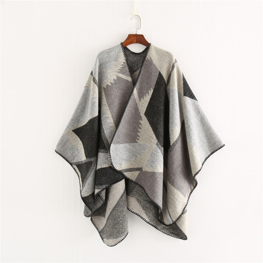Damen Oversize-Geometrischer Jacquard-Poncho aus Wollmix Echo Archiv