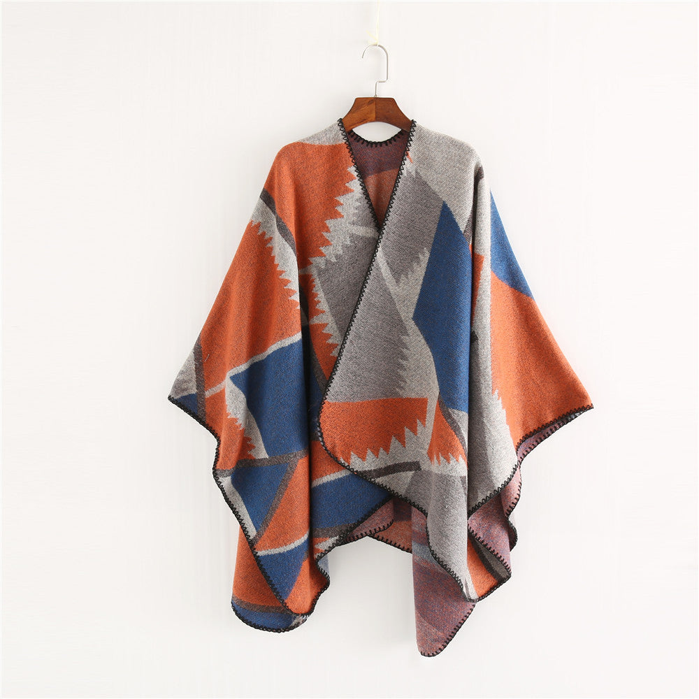 Damen Oversize-Geometrischer Jacquard-Poncho aus Wollmix Echo Archiv