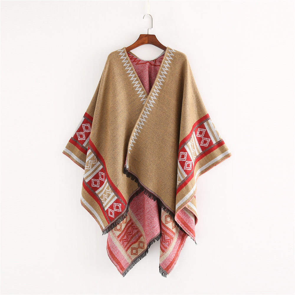 Damen Oversize-Ruana-Poncho im Boho-Ethno-Look aus Wollmix mit V-Ausschnitt und Fransensaum – Célinea
