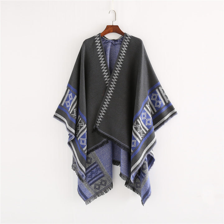 Damen Oversize-Ruana-Poncho im Boho-Ethno-Look aus Wollmix mit V-Ausschnitt und Fransensaum – Célinea