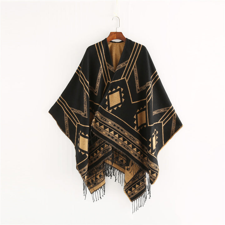 Unisex Ethno-Poncho aus weichem Strick mit Fransen und geometrischem Muster – Taviero