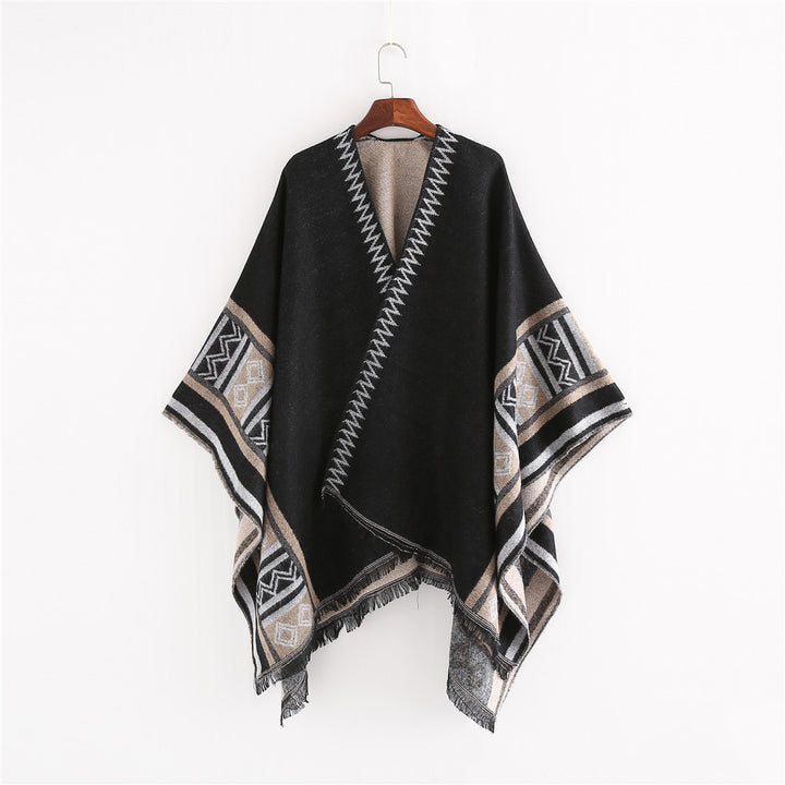 Damen Oversize-Ruana-Poncho im Boho-Ethno-Look aus Wollmix mit V-Ausschnitt und Fransensaum – Célinea