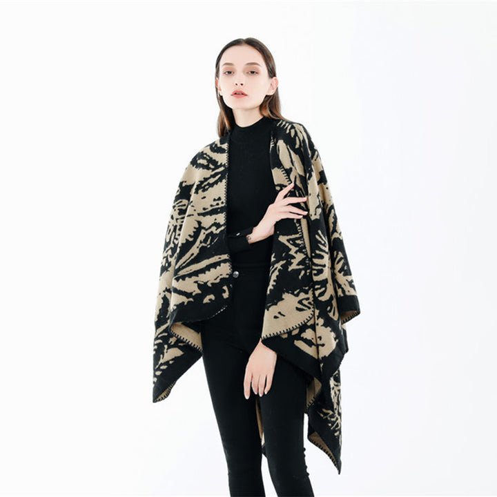 Damen Jacquard‑Ruana‑Überwurf mit floraler Webstruktur und dekorativer Kettelkante – Célinea