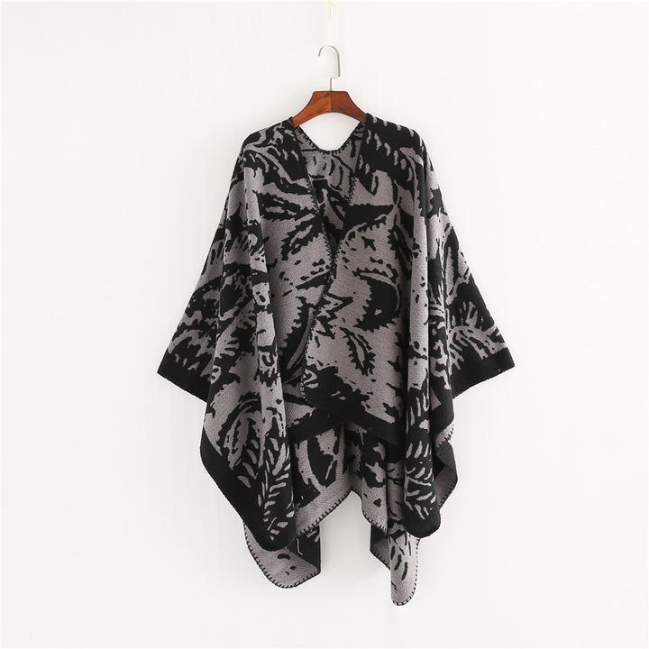 Damen Jacquard‑Ruana‑Überwurf mit floraler Webstruktur und dekorativer Kettelkante – Célinea