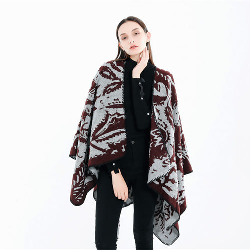 Damen Jacquard‑Ruana‑Überwurf mit floraler Webstruktur und dekorativer Kettelkante – Célinea