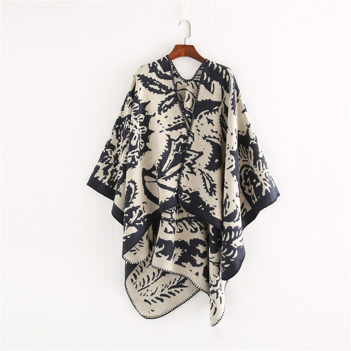 Damen Jacquard‑Ruana‑Überwurf mit floraler Webstruktur und dekorativer Kettelkante – Célinea