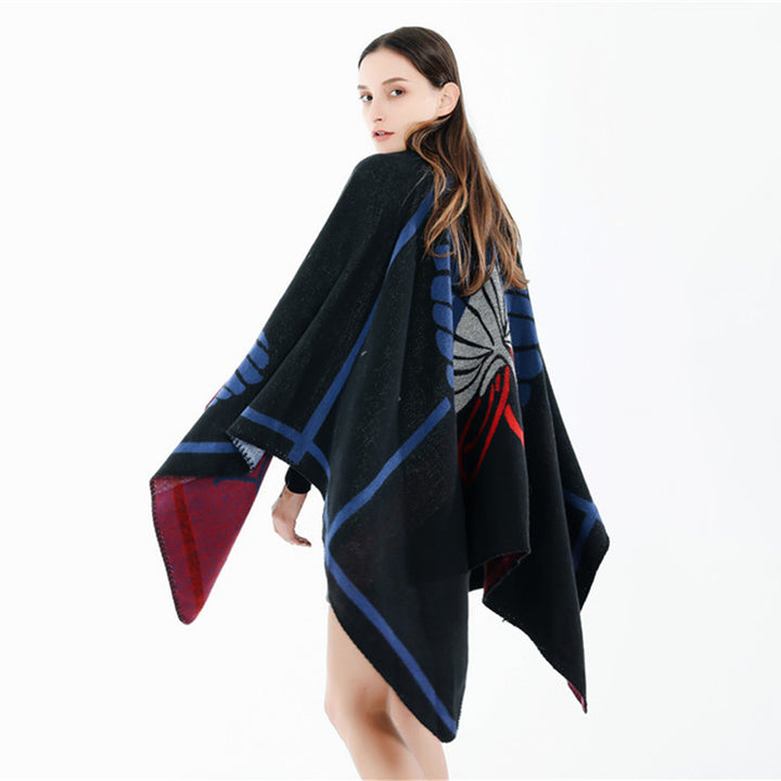 Damen Jacquard-Ruana mit floralem Intarsienmuster und zweifarbiger Wendekante – Avérine